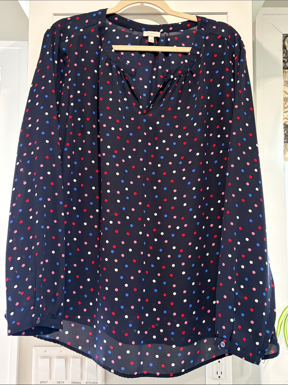 Talbots Navy Polka Dot V-Neck Blouse with Red, Blue & Pink Dots